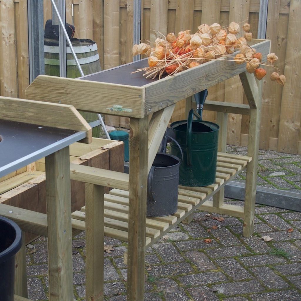 Tuinwerktafel 12943, oppottafel, praktische tuintafel, houten tuintafel