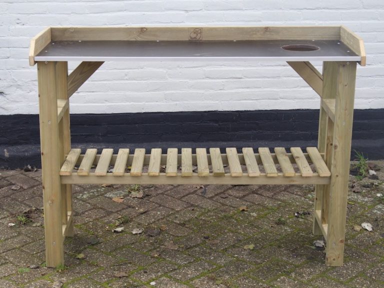 Tuinwerktafel 12943, oppottafel, praktische tuintafel, houten tuintafel